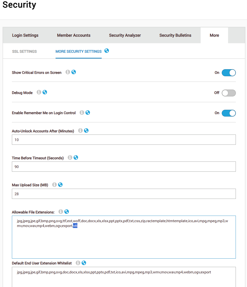 Host > Security > More settings